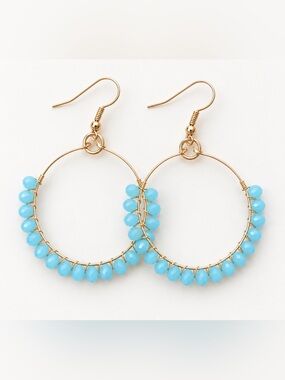 Handmade Aqua Blue Beaded Wire Wrapped Hoop Earrings Boho Gold Tone